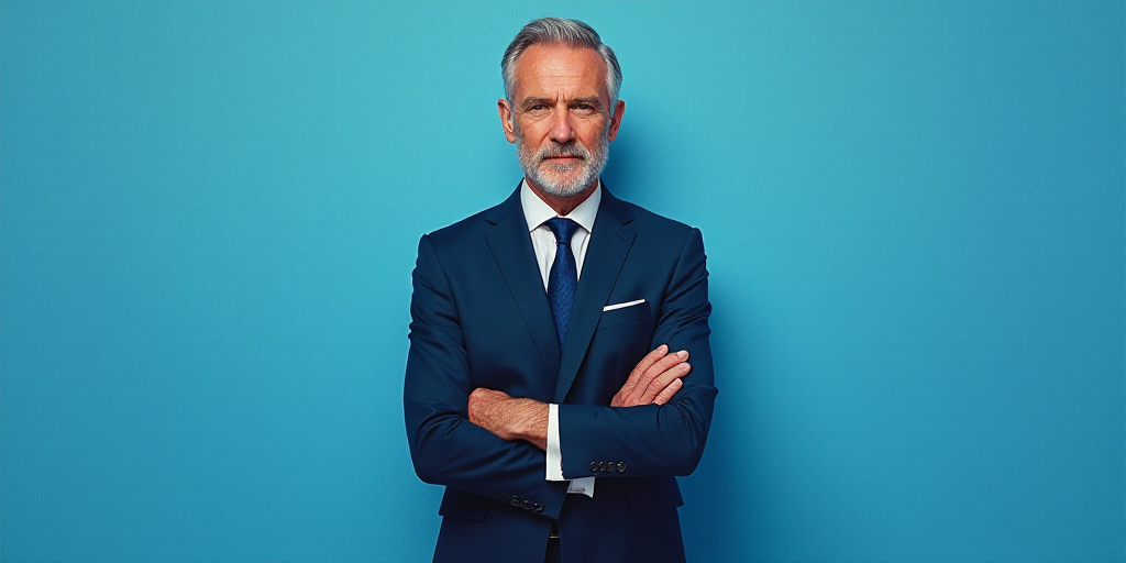 a man in a suit and tie standing with his arms crossed in front of him with a blue background, Anton