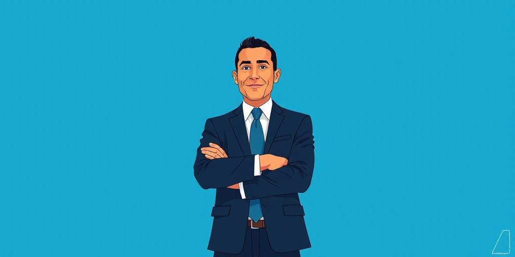 a man in a suit and tie standing with his arms crossed in front of him, with a blue background, Carl