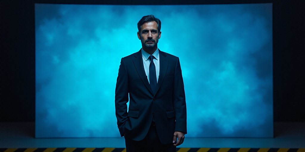 a man in a suit and tie standing in front of a blue background with a black and yellow border, Carlo