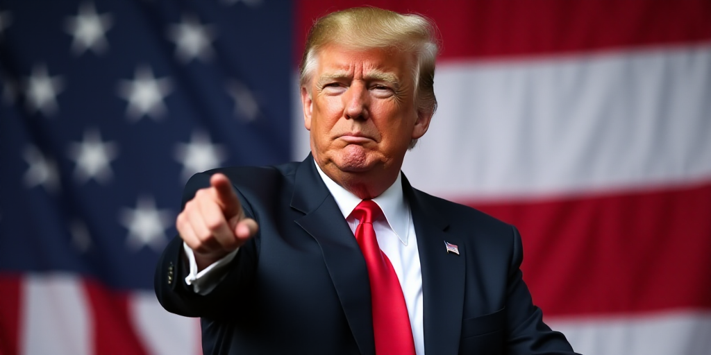 a man in a suit and tie standing in front of a flag with his hand out and pointing at something, Don