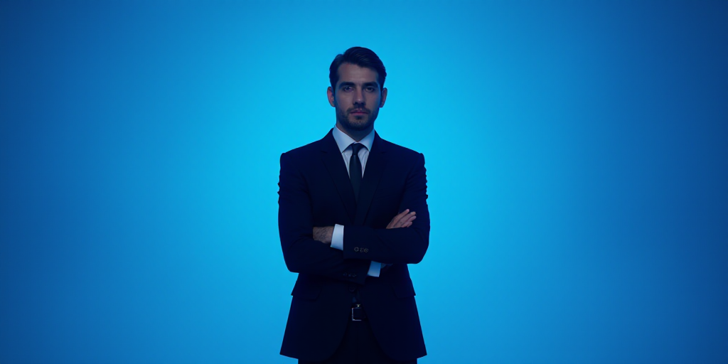 a man in a suit and tie standing with his arms crossed in front of him with a blue background, Estua