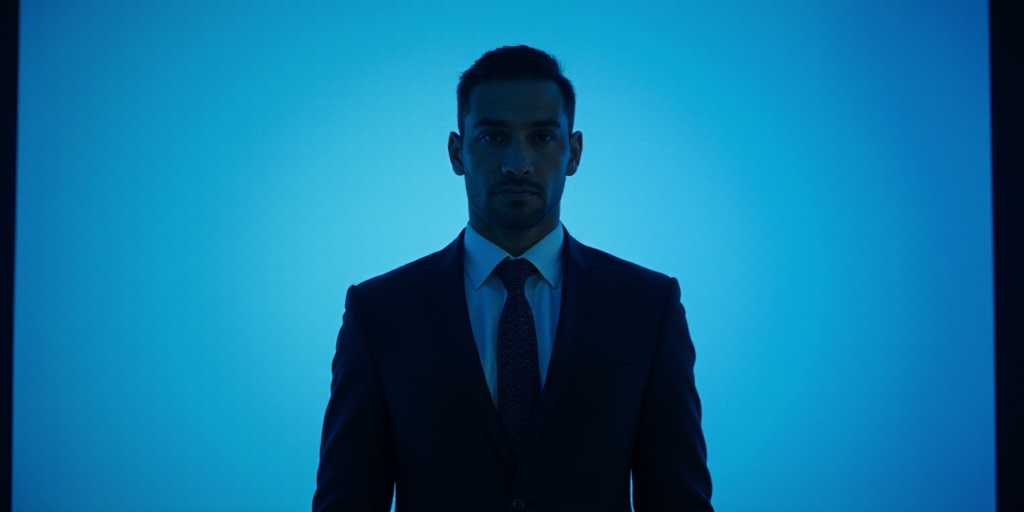 a man in a suit and tie standing in front of a blue background with a caption that reads miguel gonz