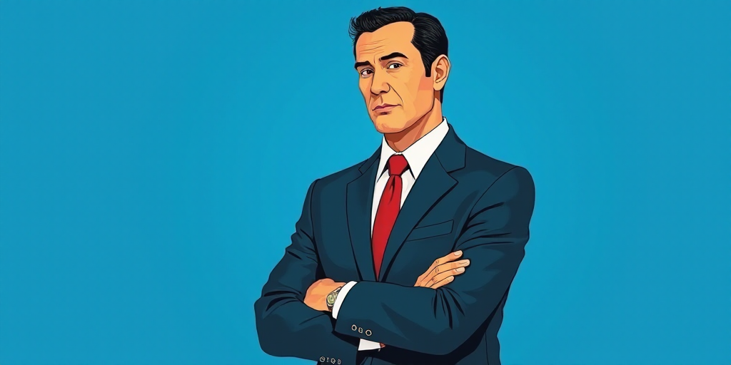 a man in a suit and tie standing with his arms crossed in front of him, with a blue background, Carl