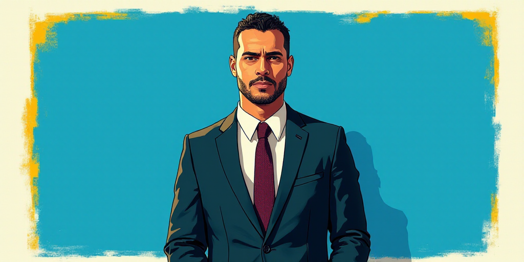a man in a suit and tie standing in front of a blue background with a white and yellow border, Carlo