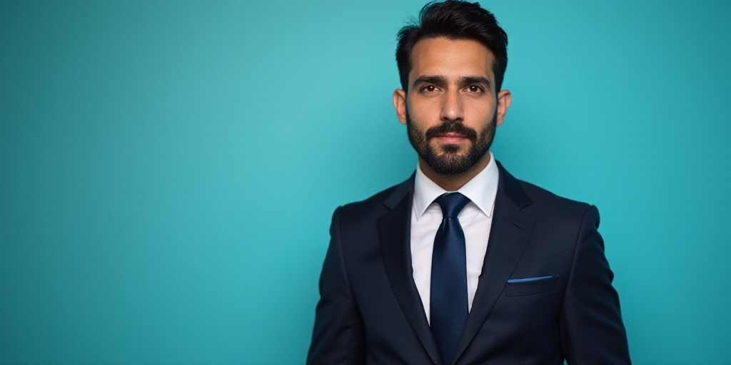 a man in a suit and tie standing in front of a blue background with a black and white photo, Alejand