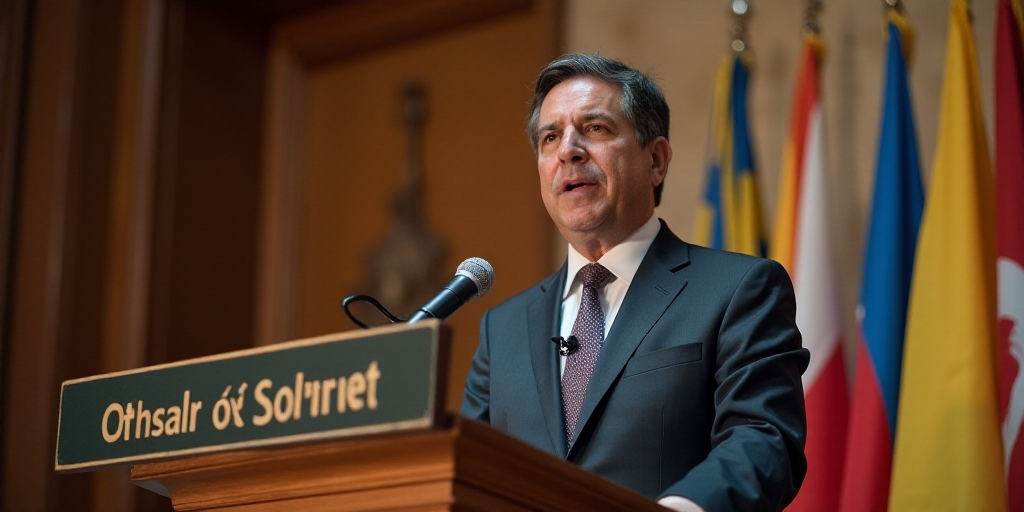 a man in a suit and tie standing at a podium with a microphone in front of him and a sign behind him