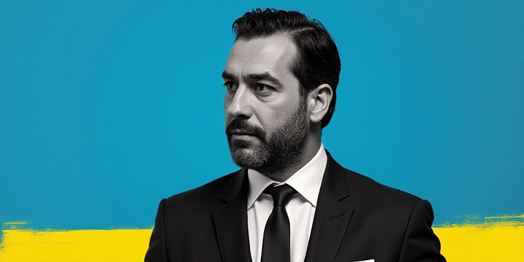 a man in a suit and tie standing in front of a blue background with a yellow border and a black and