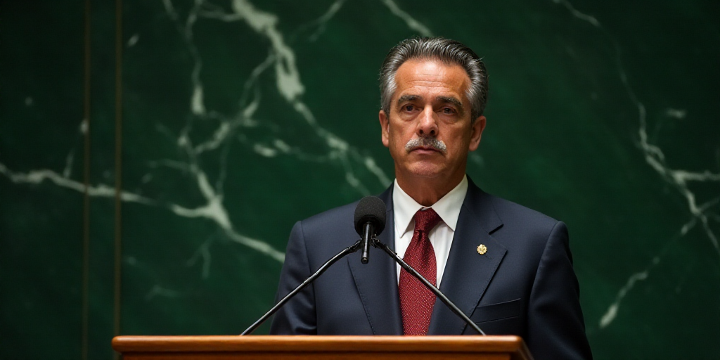 a man in a suit and tie standing at a podium in front of a microphone and a wall of green marble, Ca