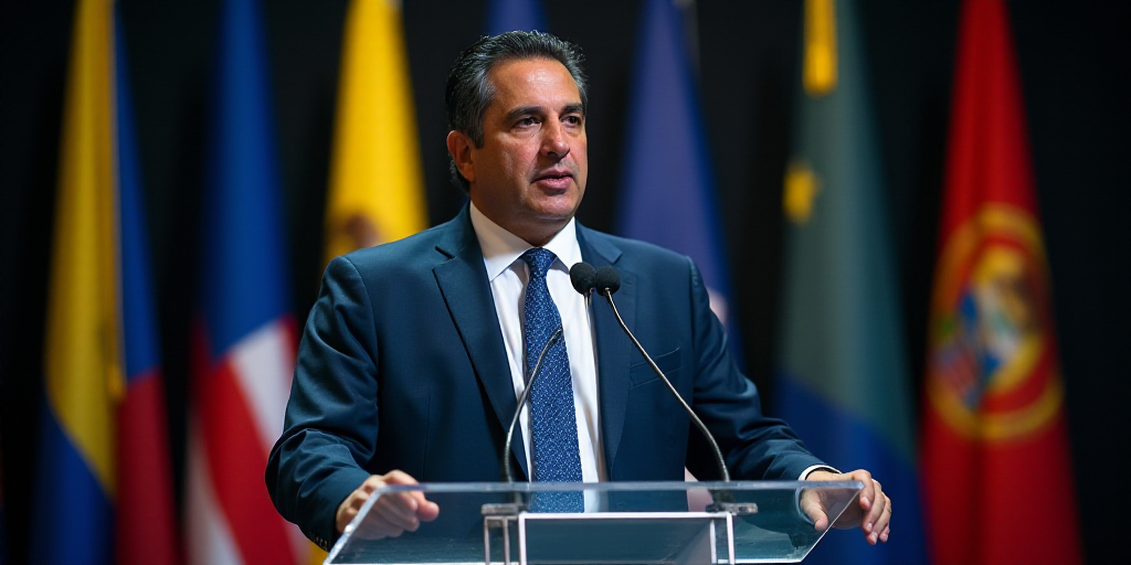 a man in a suit and tie standing at a podium with a microphone in front of him and flags behind him,