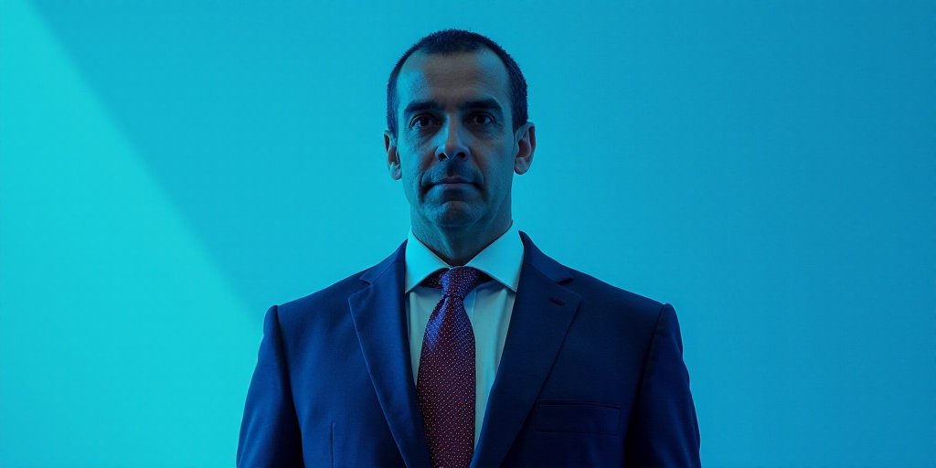 a man in a suit and tie standing in front of a blue background with the words adrian cuello, Eduardo