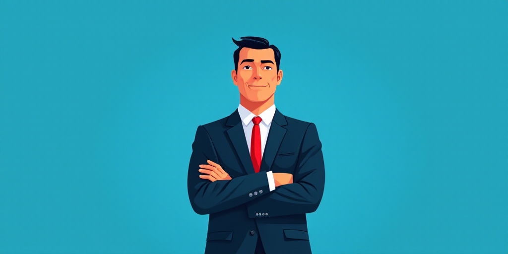 a man in a suit and tie standing with his arms crossed in front of him, with a blue background, Carl
