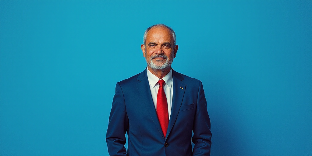 a man in a suit and tie standing in front of a blue background with a caption that reads, louis migu
