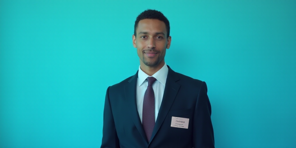 a man in a suit and tie standing in front of a blue background with a name tag for a business, Edwar