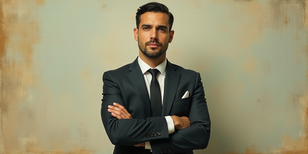 a man in a suit and tie standing with his arms crossed in front of him, with the caption of a photo