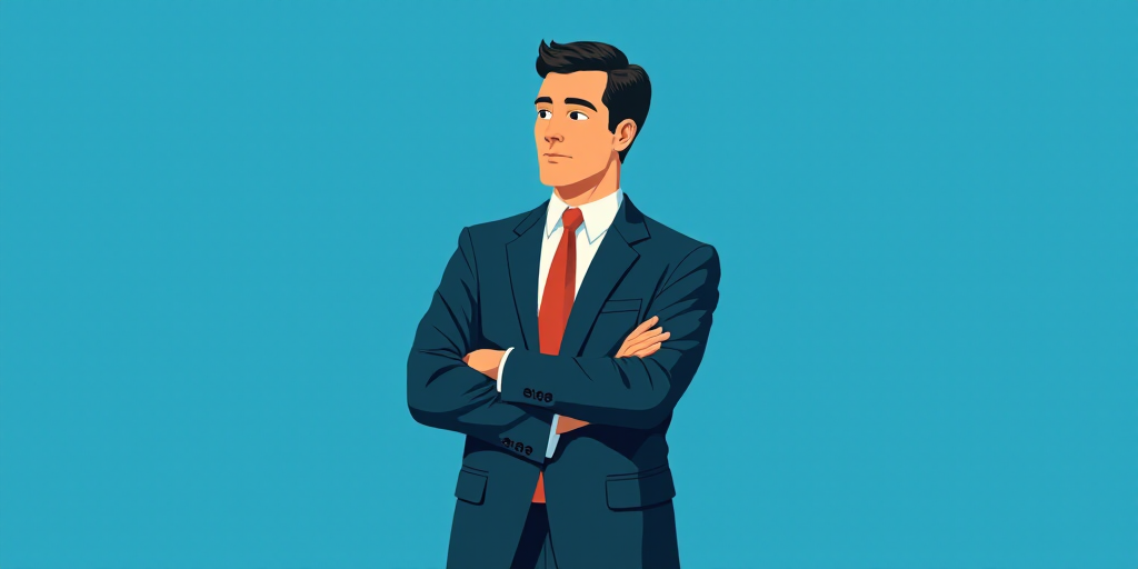 a man in a suit and tie standing with his arms crossed in front of him, with a blue background, Carl