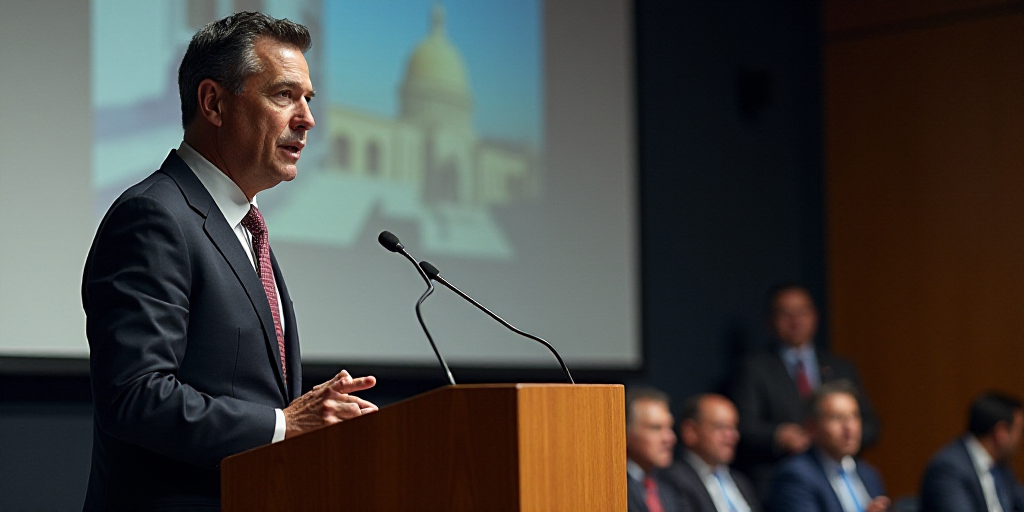 a man in a suit and tie standing at a podium with a microphone in front of him and a screen behind h