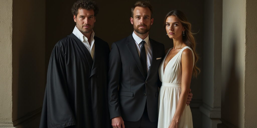 a man in a suit and tie standing next to a robe of black material and a woman in a white dress, Clov