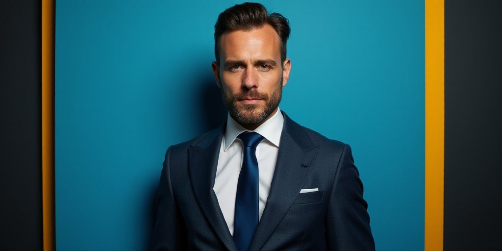 a man in a suit and tie standing in front of a blue background with a black and yellow border, Chris