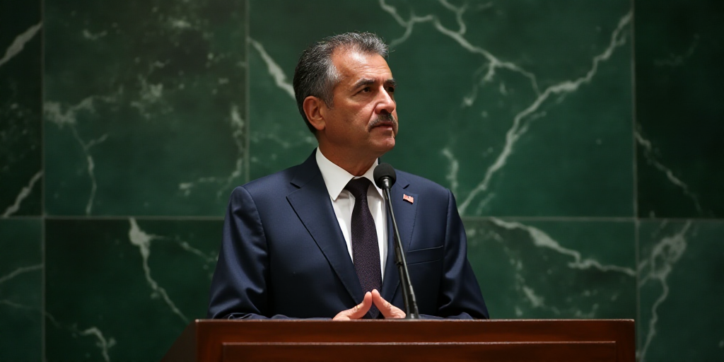 a man in a suit and tie standing at a podium in front of a microphone and a wall of green marble, Ca
