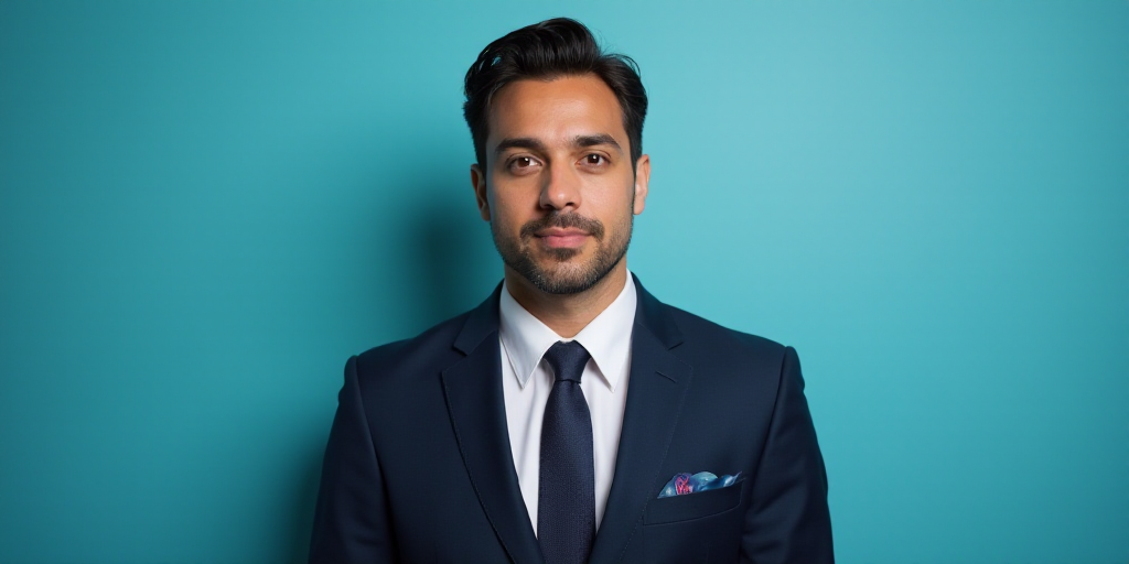 a man in a suit and tie standing in front of a blue background with a black and white photo, Alejand