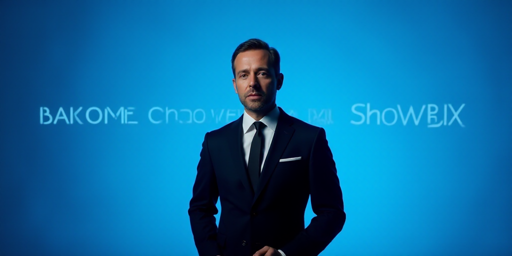 a man in a suit and tie standing in front of a blue background with the words antonio ai showbiz, An