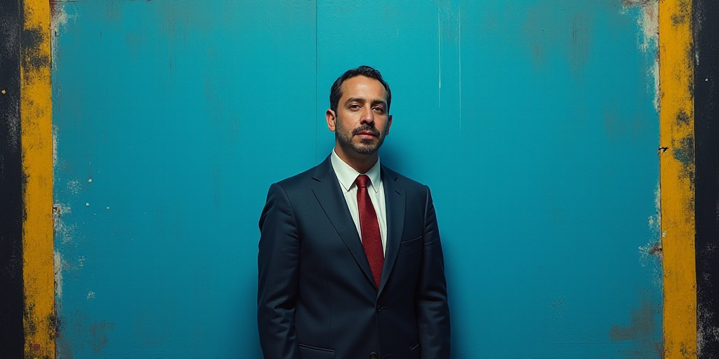 a man in a suit and tie standing in front of a blue background with a black and yellow border, Artur