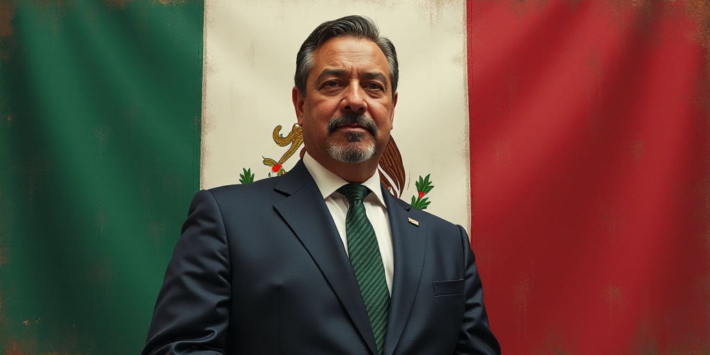 a man in a suit and tie standing in front of a mexican flag and a mexican coat and a mexican flag, E