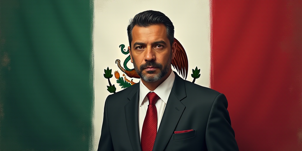 a man in a suit and tie standing in front of a mexican flag and a mexican coat and a mexican flag, E