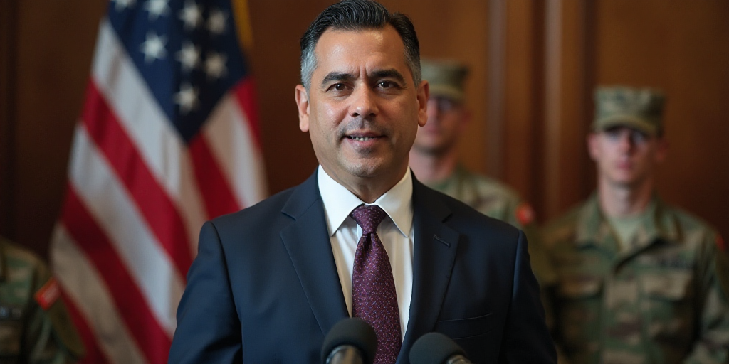 a man in a suit and tie standing in front of a microphone with an american flag behind him and other