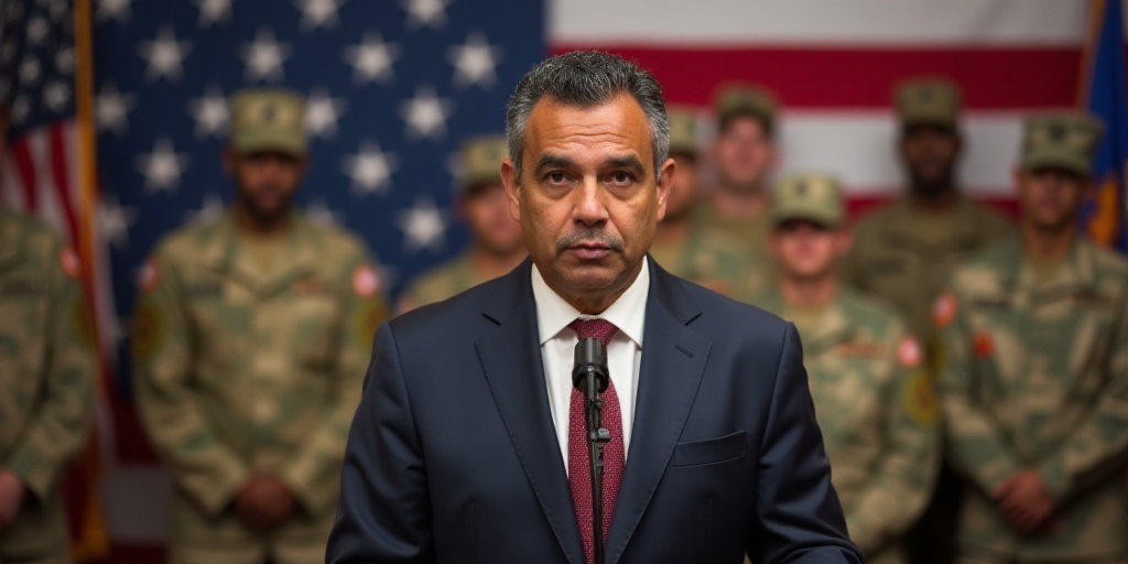 a man in a suit and tie standing in front of a microphone with an american flag behind him and other