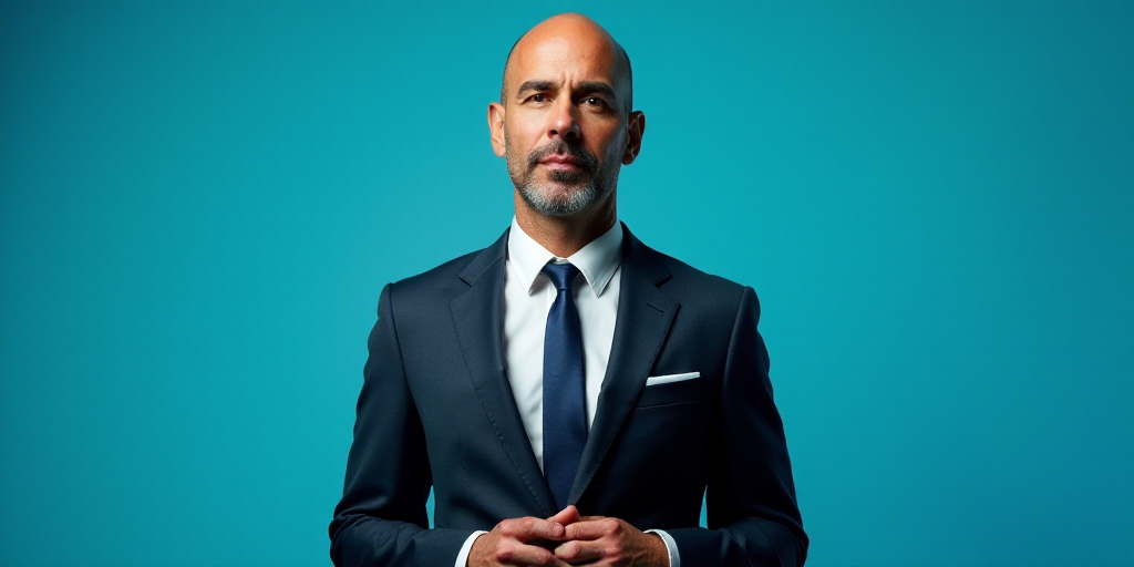a man in a suit and tie standing in front of a blue background with a caption that reads el paso ros