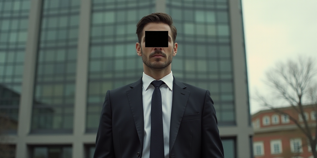 a man in a suit and tie standing in front of a building with a black square on his face, Estuardo Ma
