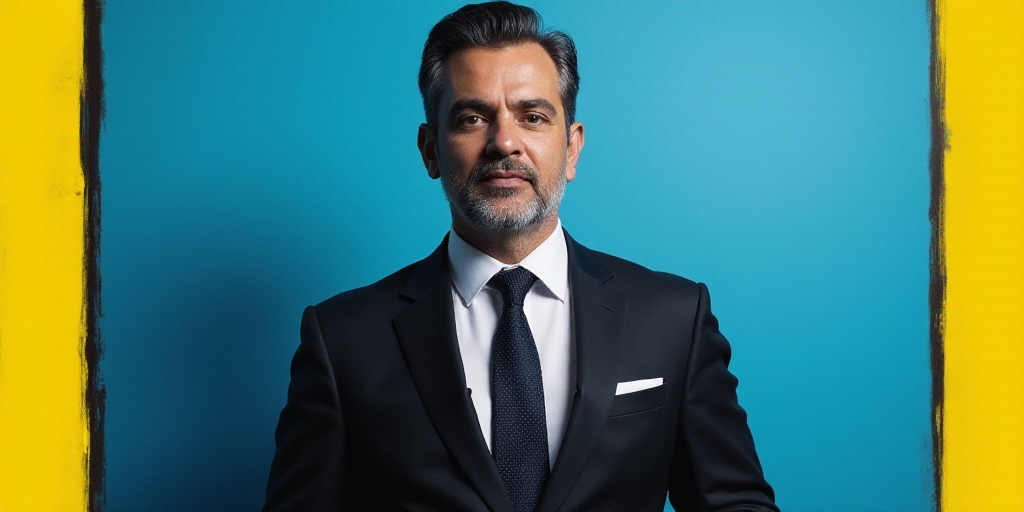 a man in a suit and tie standing in front of a blue background with a yellow border and a black and