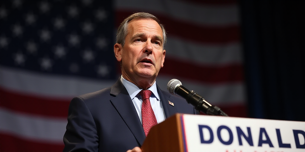 a man in a suit and tie standing at a podium with a microphone in front of him and a sign behind him