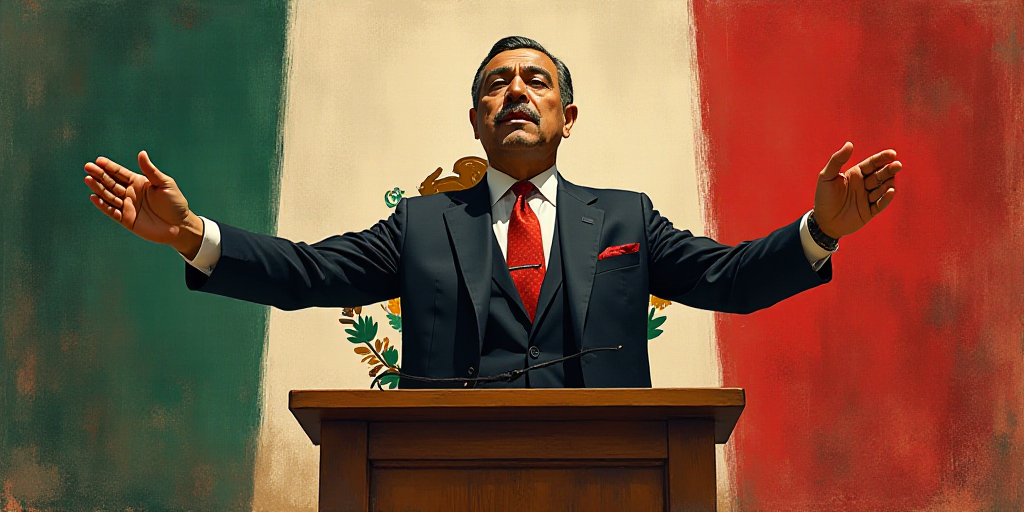 a man in a suit and tie standing at a podium with his arms outstretched in front of him and a mexica