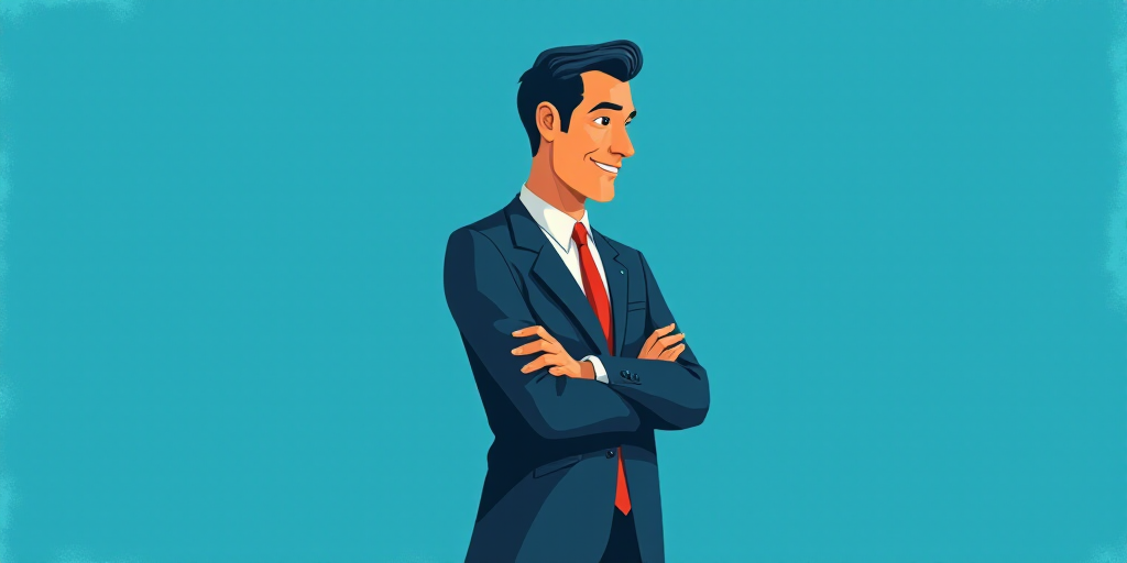 a man in a suit and tie standing with his arms crossed in front of him, with a blue background, Carl