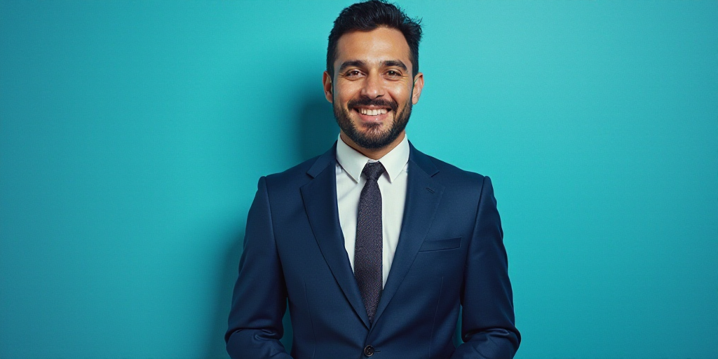 a man in a suit and tie standing in front of a blue background with a caption that reads, louis migu