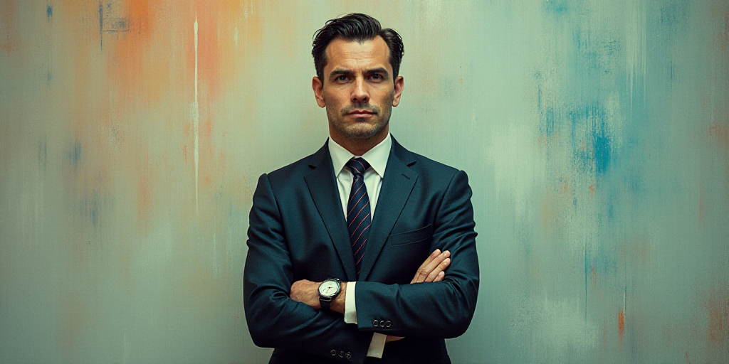 a man in a suit and tie standing with his arms crossed in front of him, with the caption of a photo