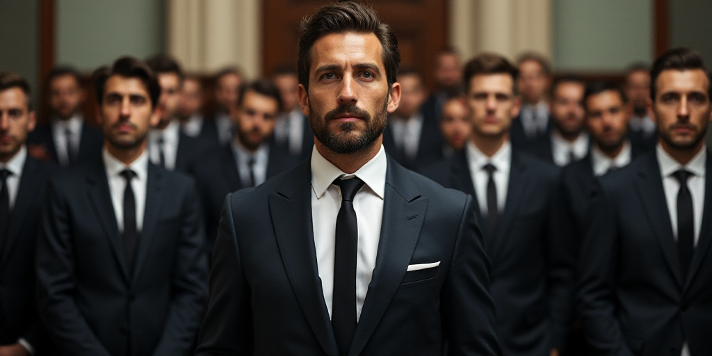 a man in a suit and tie standing in front of a group of people in suits and ties,, Antonio Cavallucc