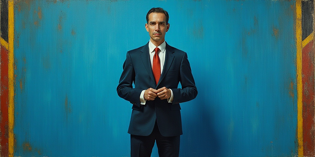 a man in a suit and tie standing in front of a blue background with a black and yellow border, Artur