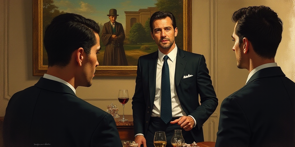 a man in a suit and tie talking to someone in a room with a painting behind him and a glass of wine,