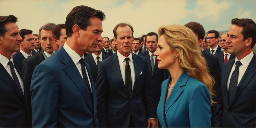 a man in a suit and tie talking to a woman in a crowd of people in suits and ties, Art Fitzpatrick,