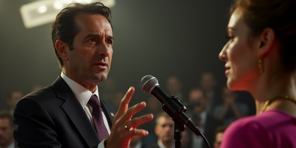 a man in a suit and tie talking to a microphone while a woman in a pink top looks on, De Hirsh Margu