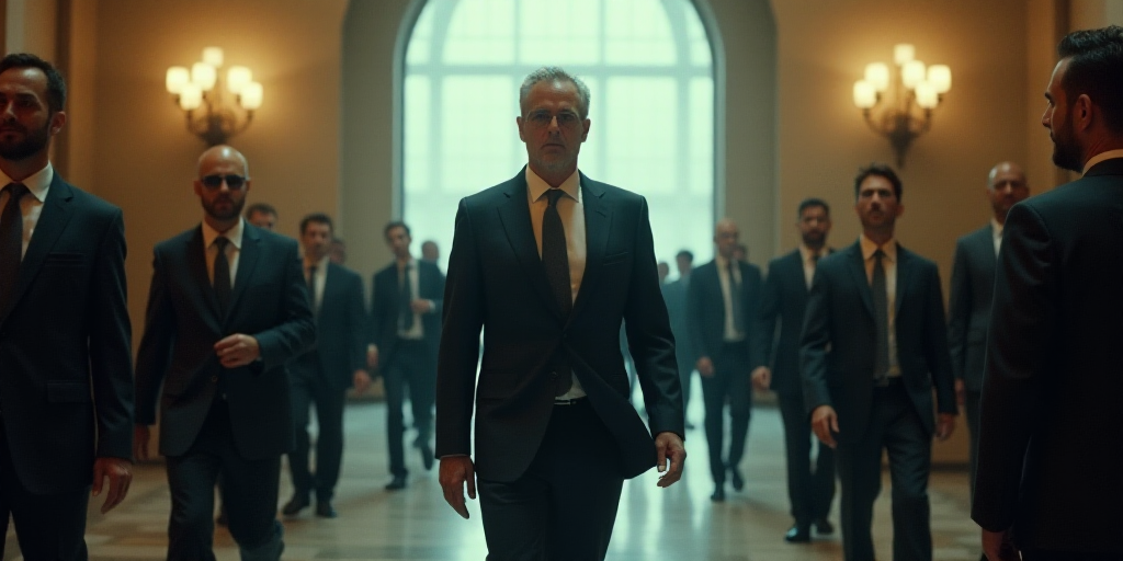 a man in a suit and tie walking in a lobby with other men in suits and ties behind him, Elias Goldbe