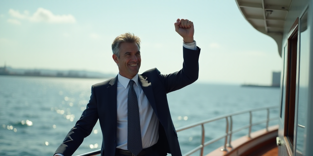 a man in a suit and tie waves from a boat deck as he stands on a boat with his fist raised, Donald R