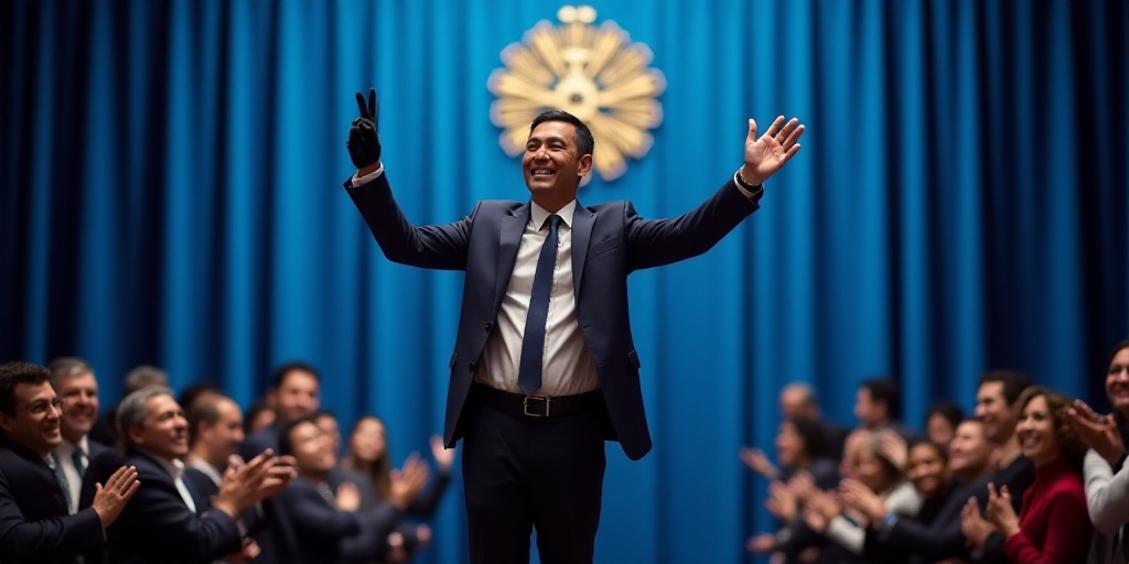 a man in a suit and tie waves to the crowd while standing in front of a blue curtain with a gold emb