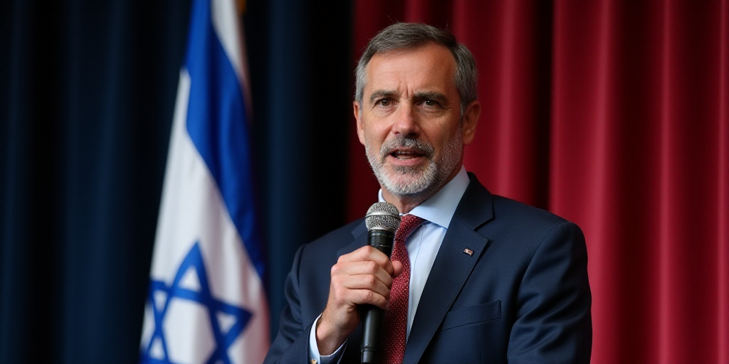 a man in a suit and tie with a microphone in his hand and a flag in the background with a curtain, D
