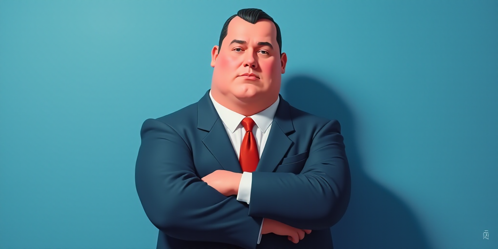 a man in a suit and tie with his arms crossed and his arms crossed, with a blue background, Fernando
