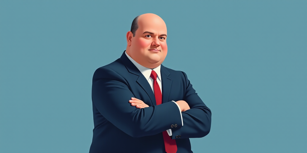 a man in a suit and tie with his arms crossed and his arms crossed, with a blue background, Fernando