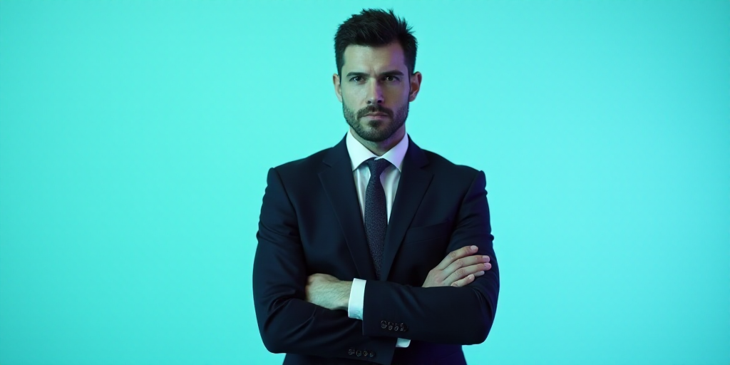 a man in a suit and tie with his arms crossed and his hands folded in front of him, with a blue back